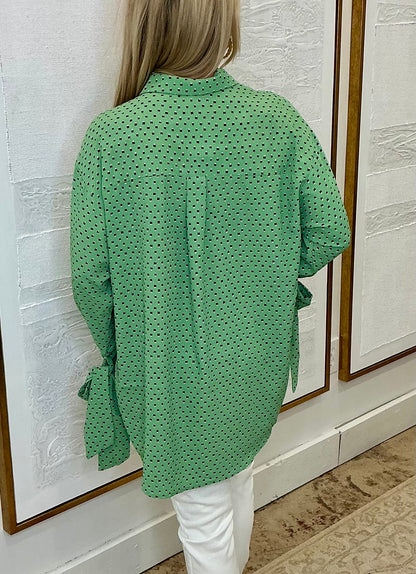 Tie Cuff Button Down Top/Sage