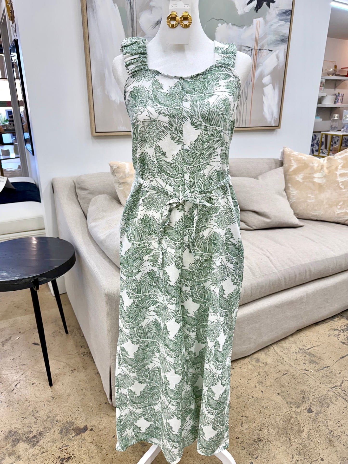 Green & White Linen Leaf Print Jumpsuit