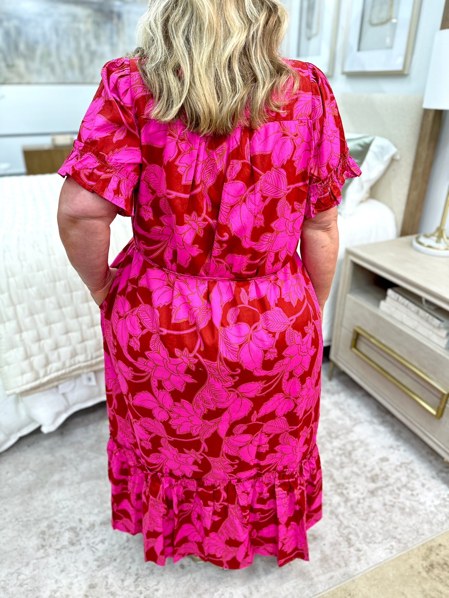 Plus Floral Button Up Dress Burgundy/Pink