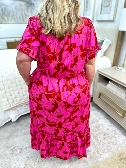 Plus Floral Button Up Dress Burgundy/Pink
