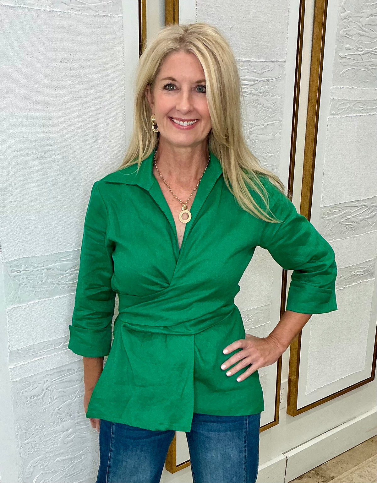 Green Linen Tie Front Jacket 4-Way