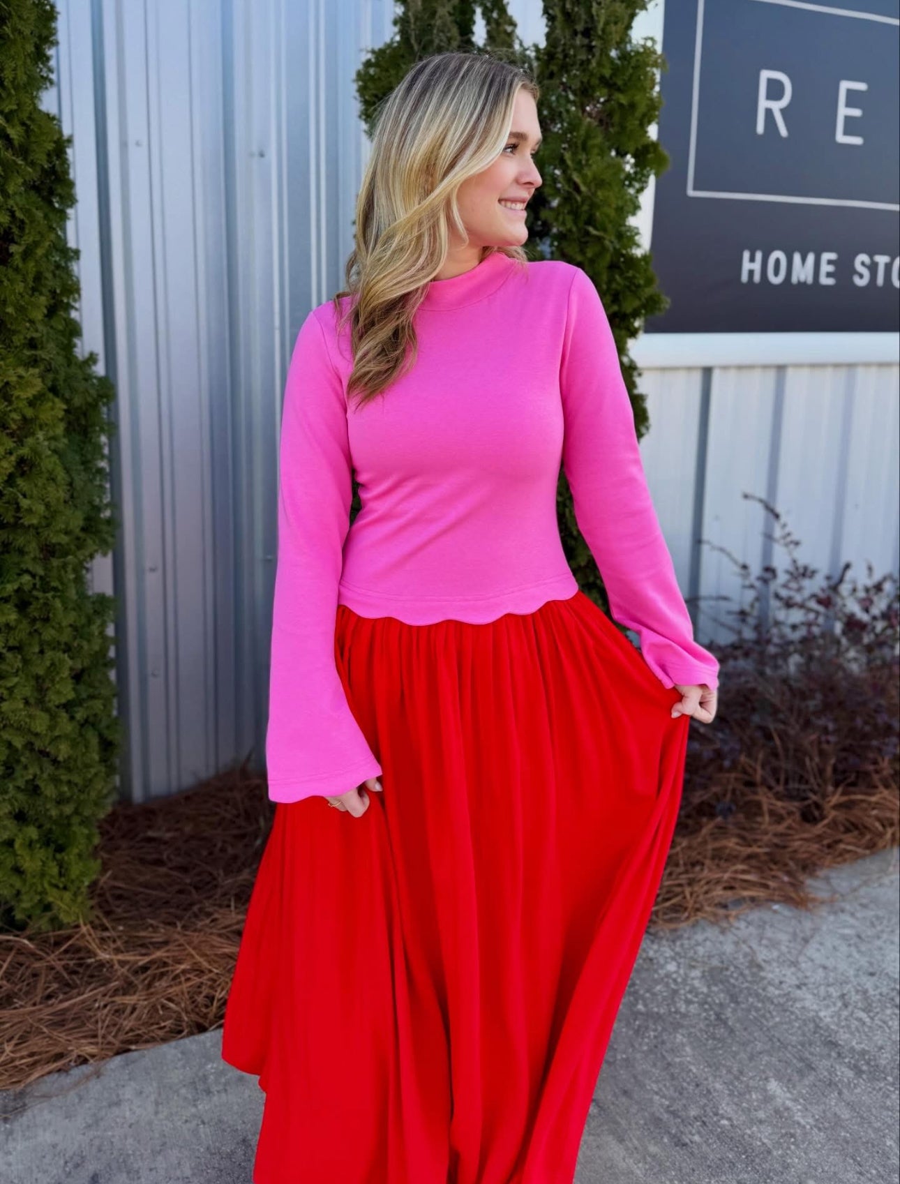Pink & Red Scalloped Dress