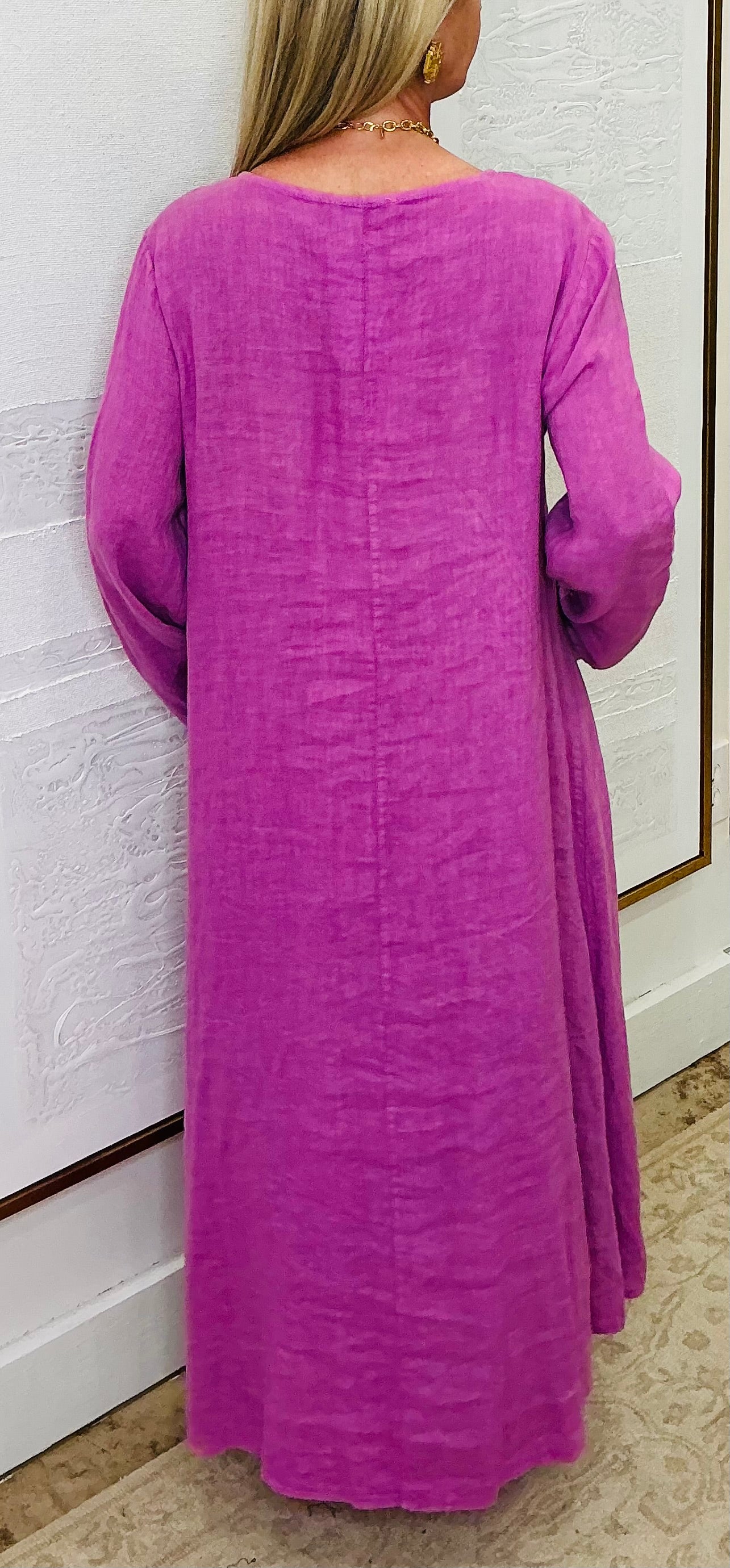 3/4 Sleeve Purple Linen Dress