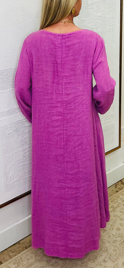 3/4 Sleeve Purple Linen Dress