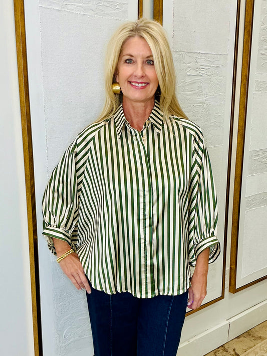 Stripe Puff Sleeve Shirt Olive