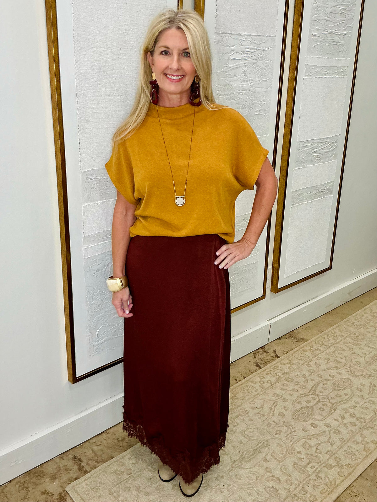 Burgundy Satin Lace Trim Skirt