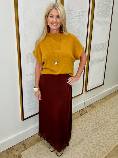 Burgundy Satin Lace Trim Skirt