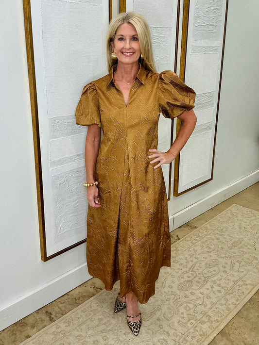 Puff Sleeve Lurex Midi Dress Camel