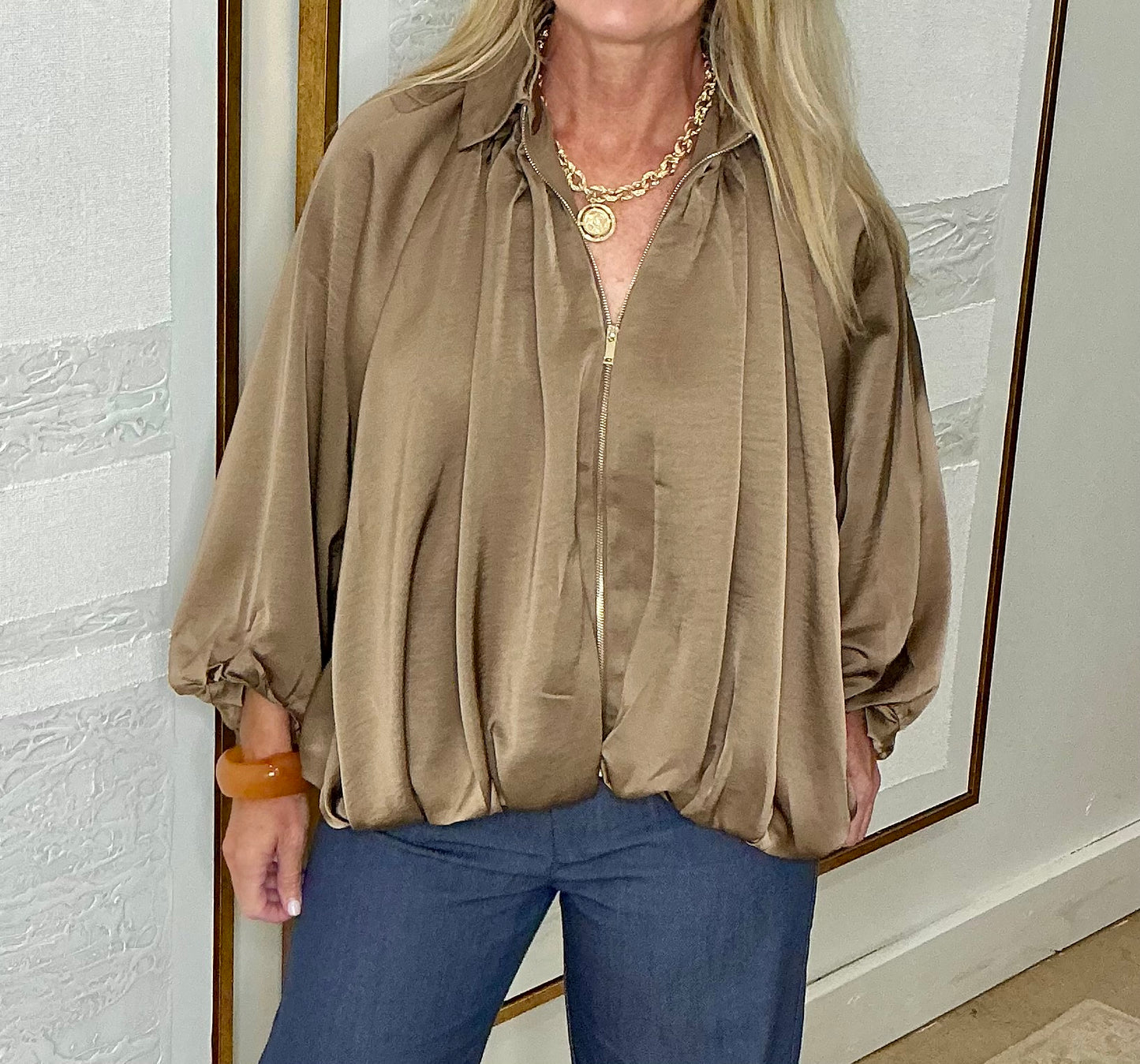 Mocha Balloon Sleeve Bomber Jacket