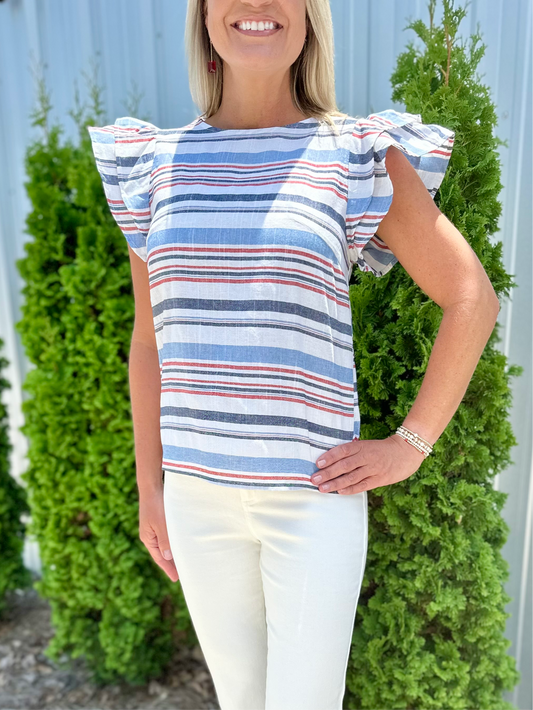 Red/White/Blue Ruffle Sleeve Top