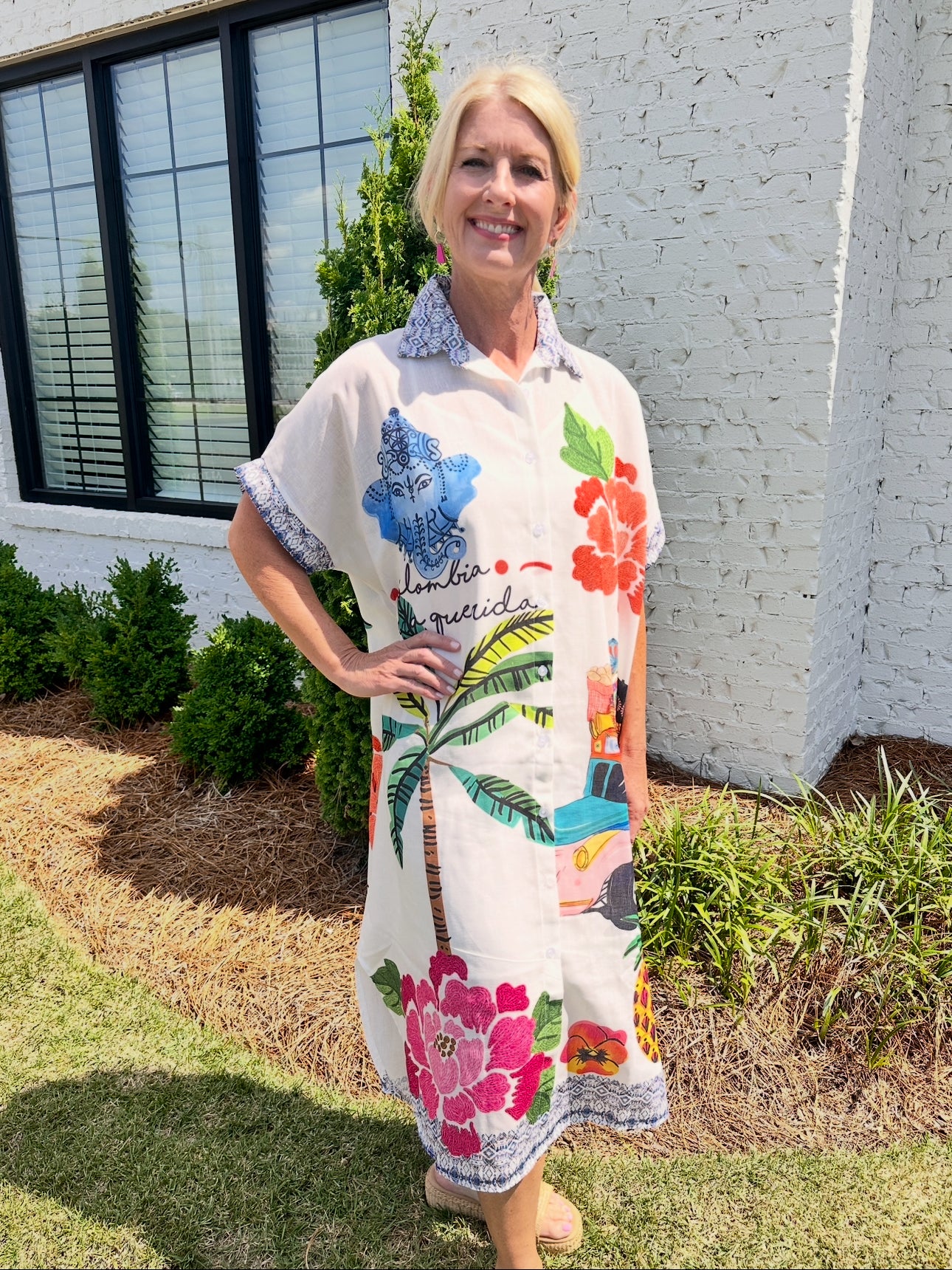 White Floral Vacation Shirt Dress