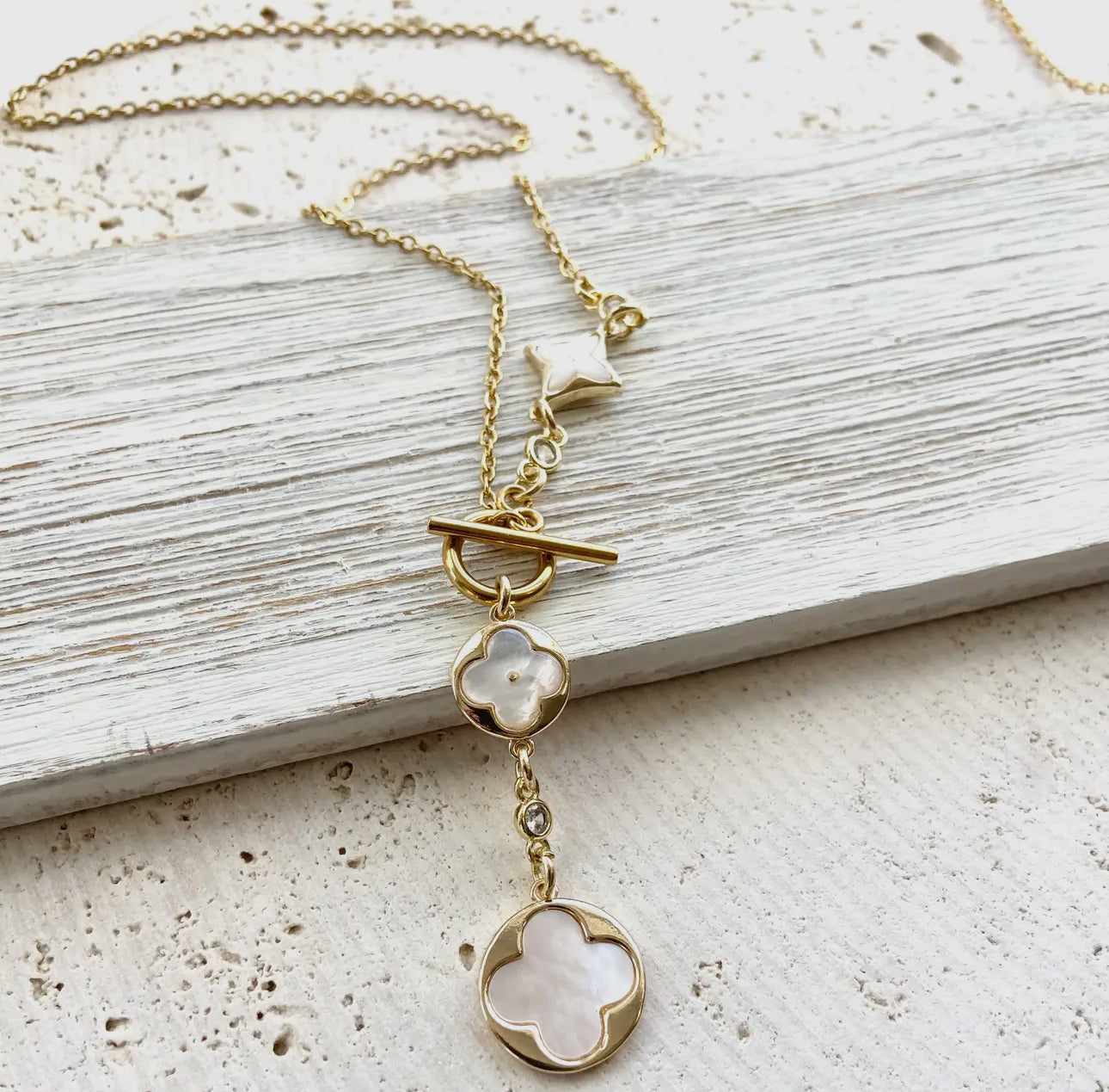 Clover Pearl Necklace/ Genuine Mother of Pearl & 14k Gold Plated 18”