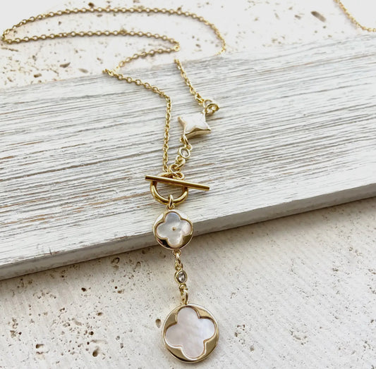 Clover Pearl Necklace/ Genuine Mother of Pearl & 14k Gold Plated 18”