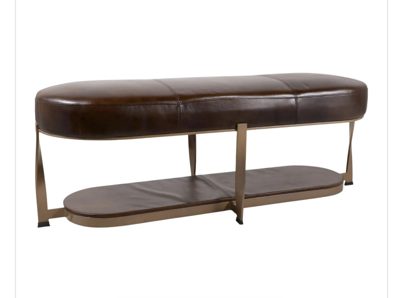 Brown Leather & Gold Bench 57"