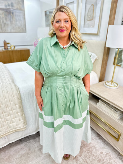 Plus Cinch Waist Sage Combo Dress