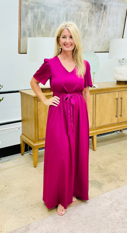 V-Neck Flutter Sleeve Maxi - Magenta