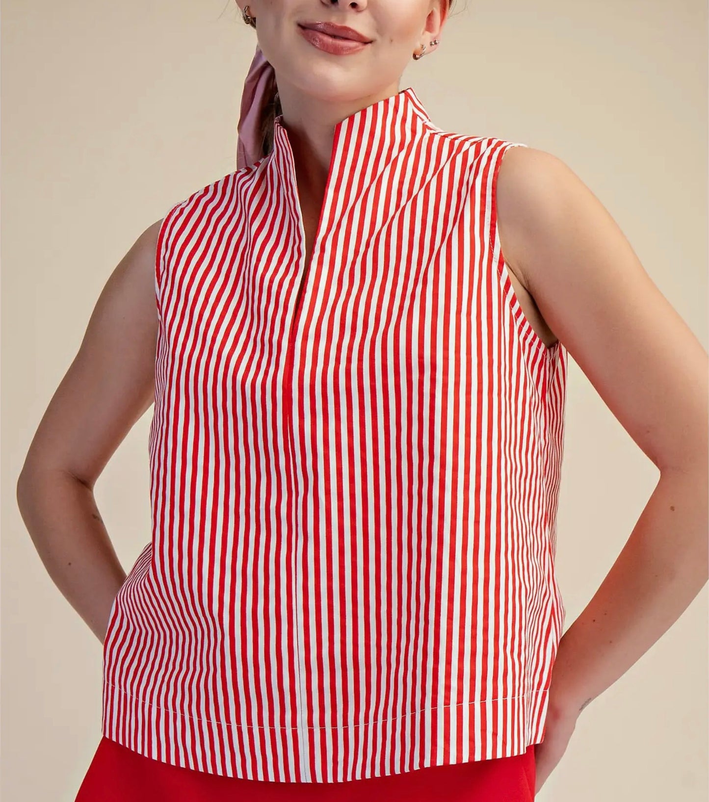 V-Neck Sleeveless Red Stripe Top