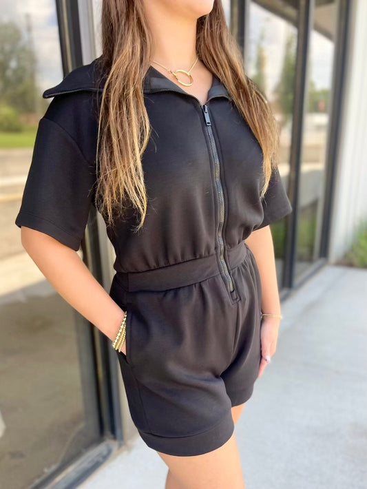 Black Short Sleeve Zip-Up Romper