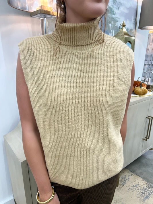 Tan Sleeveless High Neck Sweater