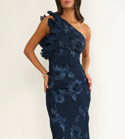 Shoulder Ruffle Accent Navy Dress
