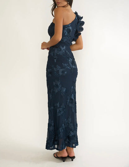 Shoulder Ruffle Accent Navy Dress