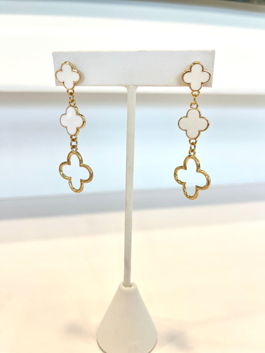 White & Gold Clover Drop Earrings