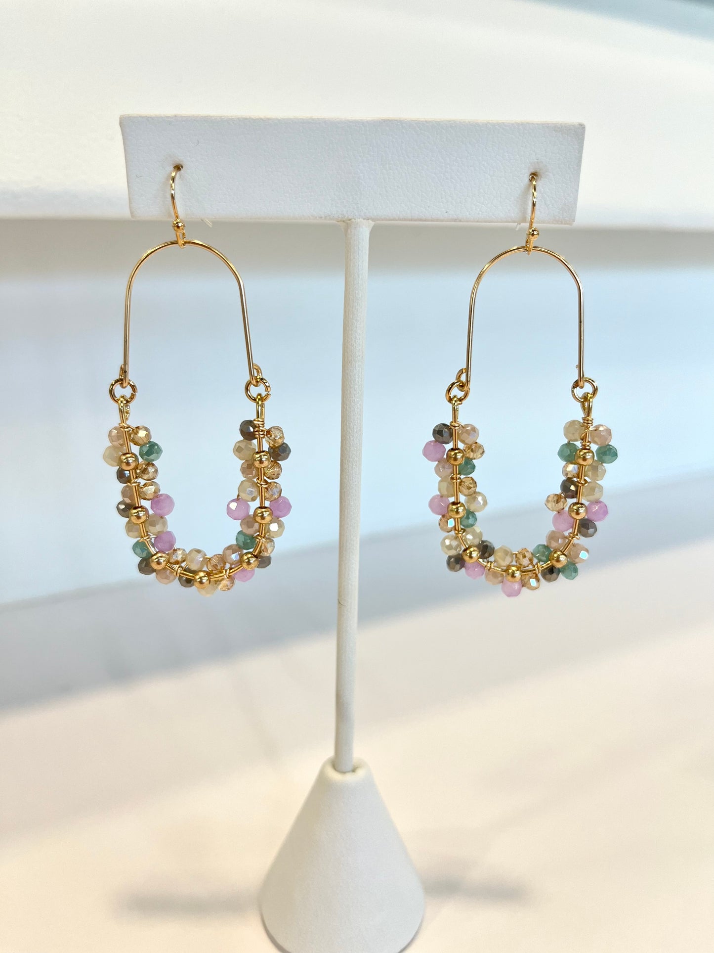 Gold Oval Multi Color Bead Earrings