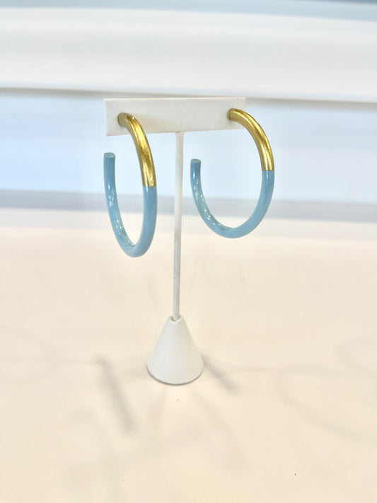 Large Light Blue & Gold Hoop Earrings