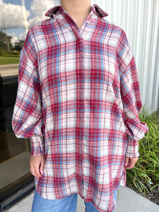 Red Plaid Smocked Cuff Button Up