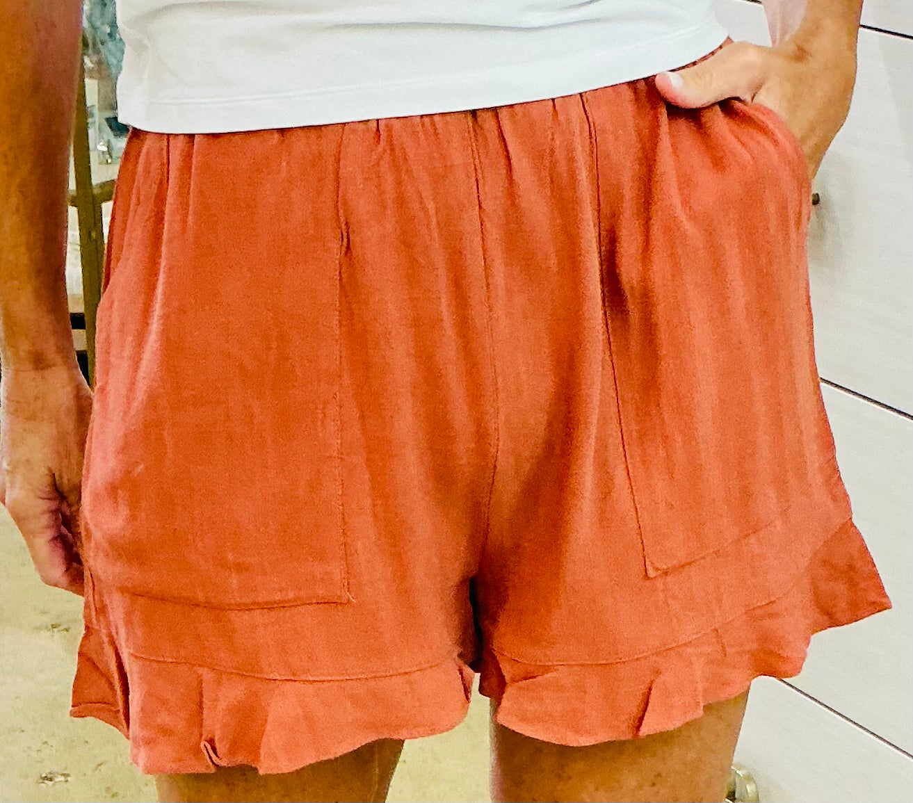 Rust Flared Hem Elastic Shorts