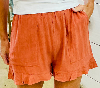 Rust Flared Hem Elastic Shorts