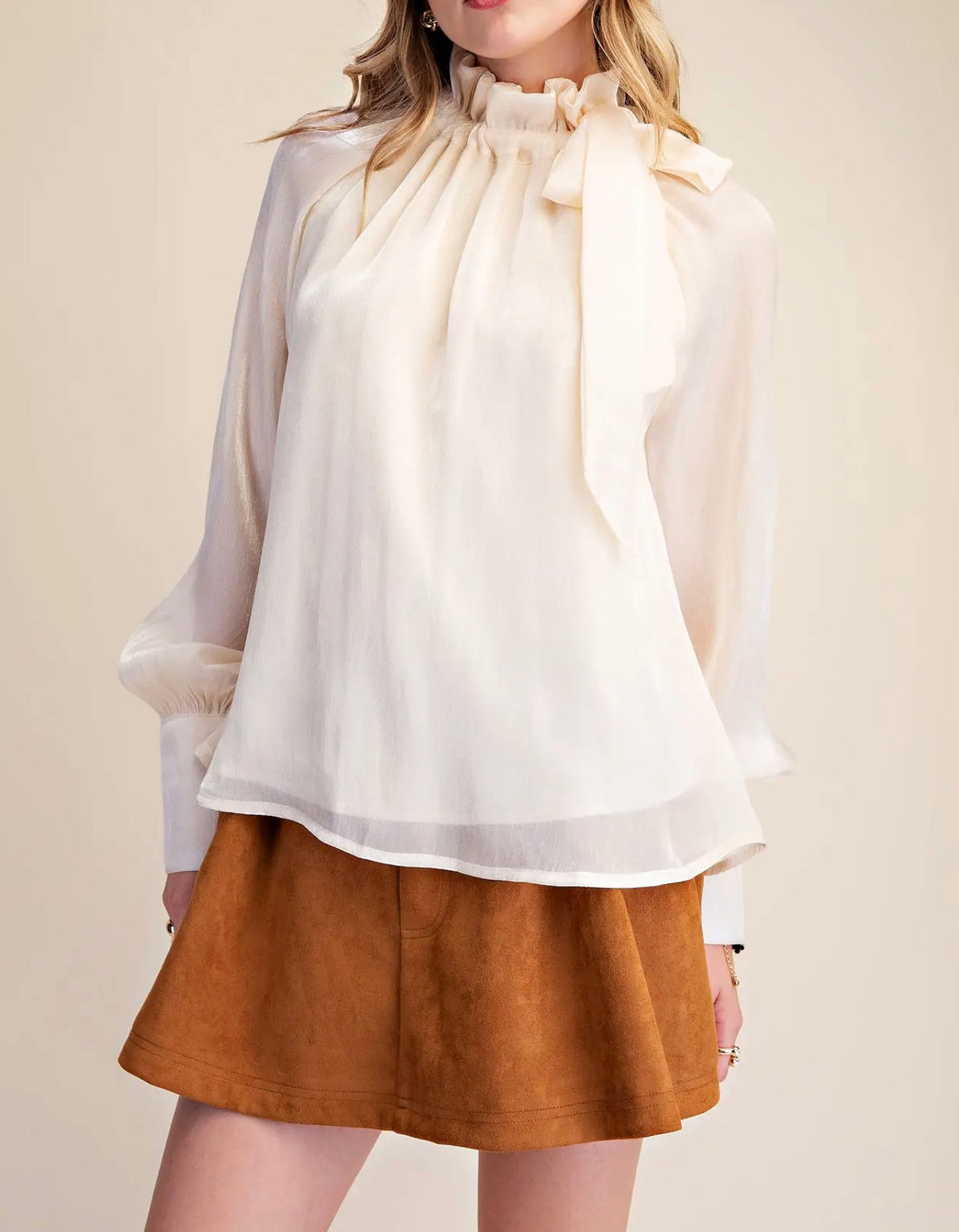 Tie Neck Long Sleeve Blouse Champagne