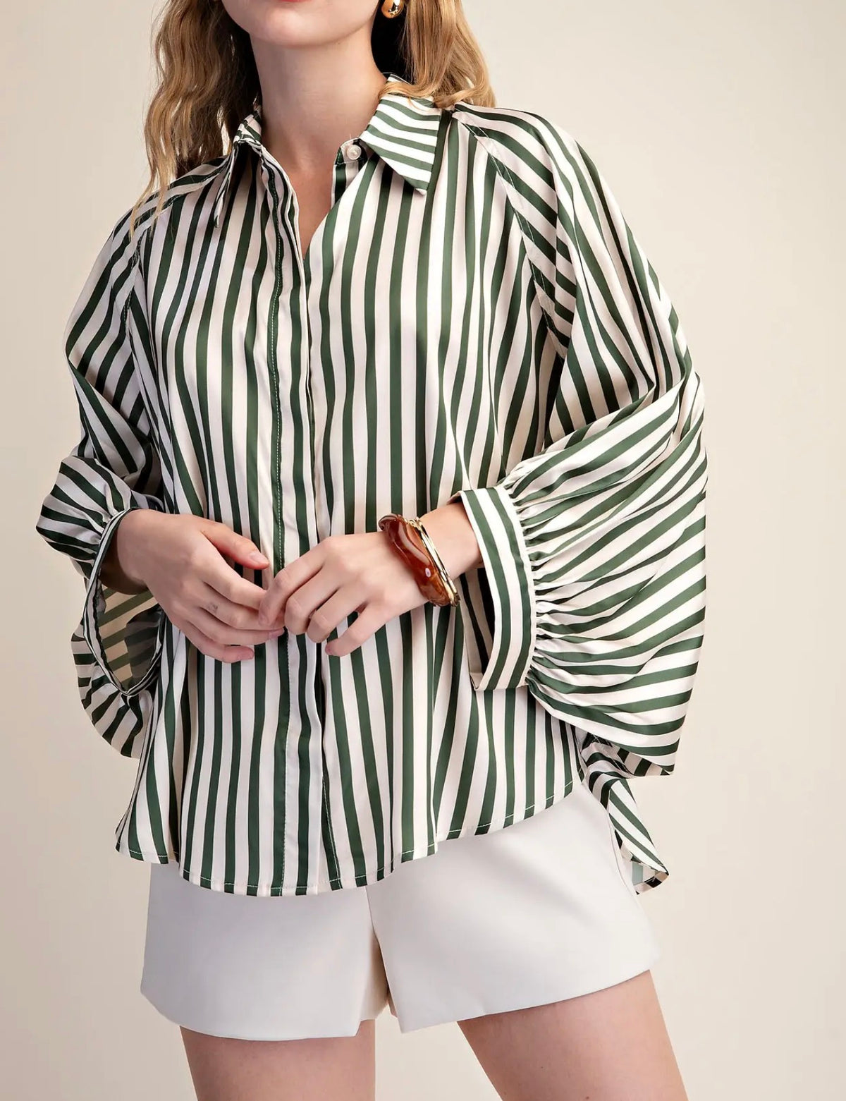Stripe Puff Sleeve Shirt Olive