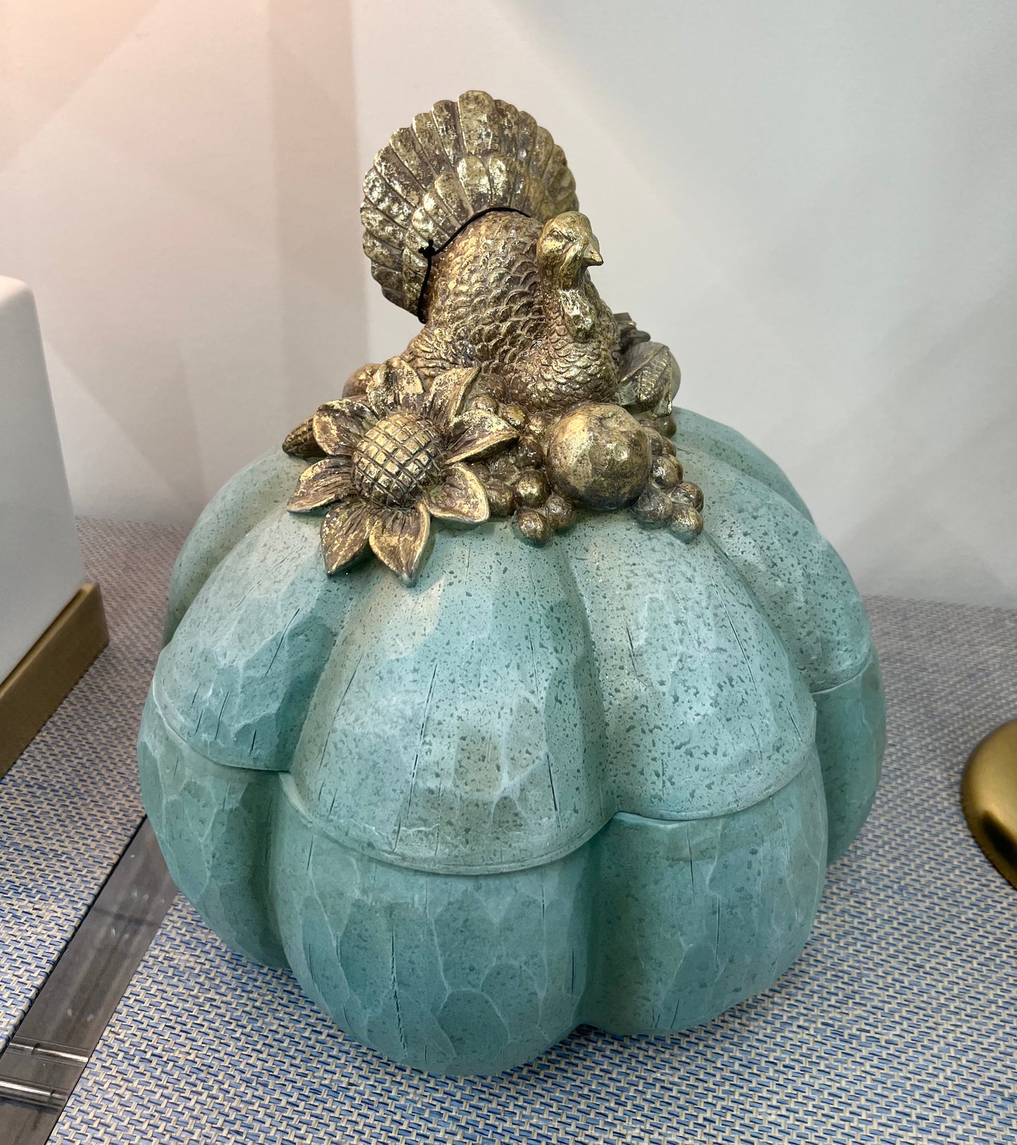 Teal Resin Pumpkin Container w/Gold Turkey