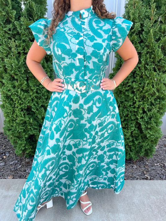 Green Embossed Belted Dress