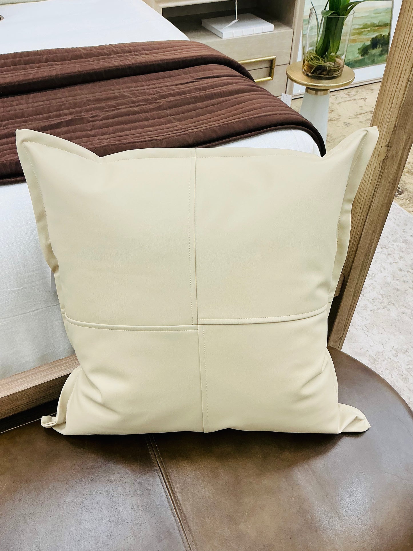 Beige Faux Leather Pillow 22"