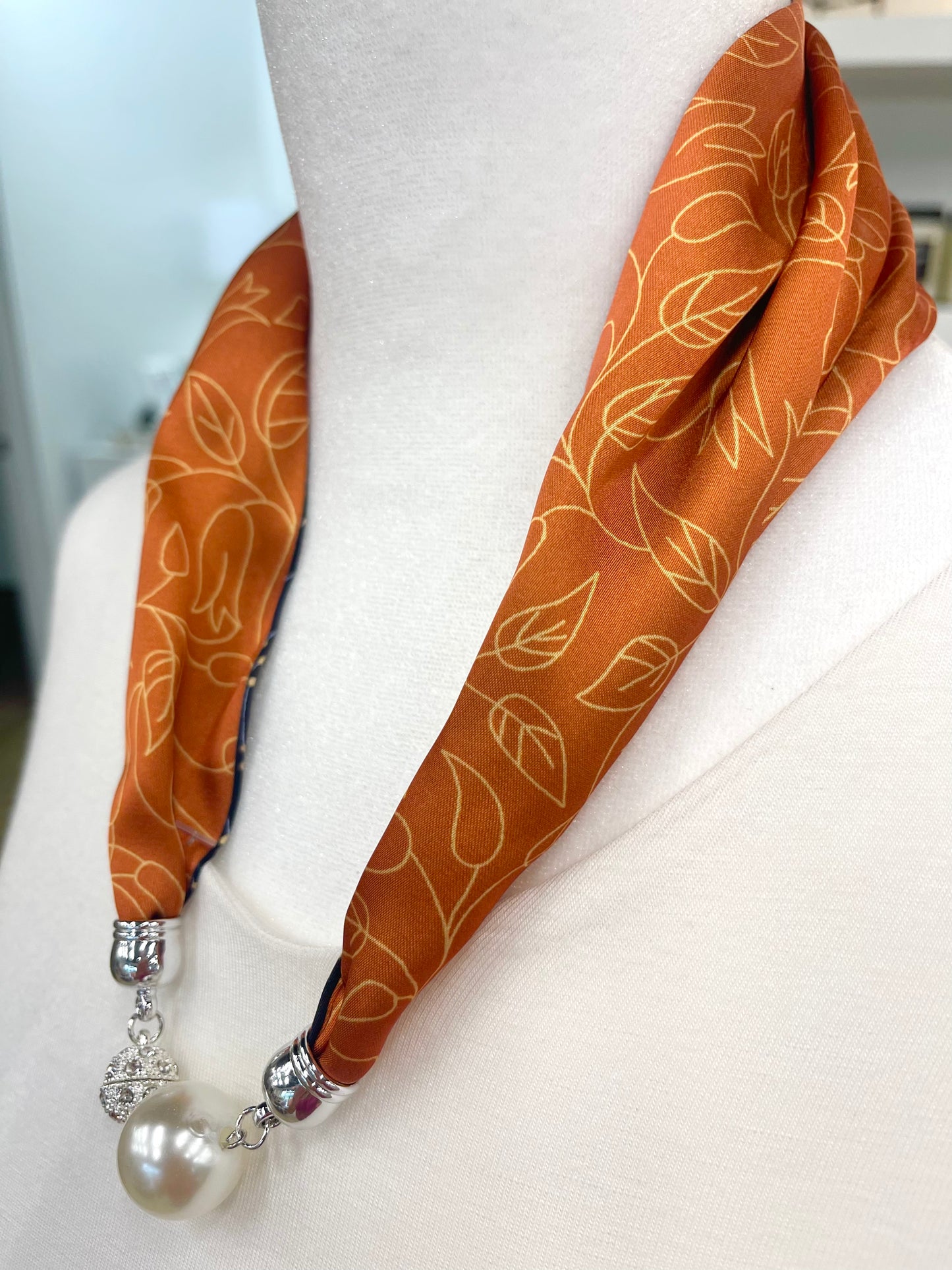 Orange Floral Patterned Scarf Necklace