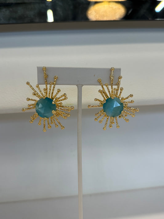 Gold Sunburst Earrings w/ Stone