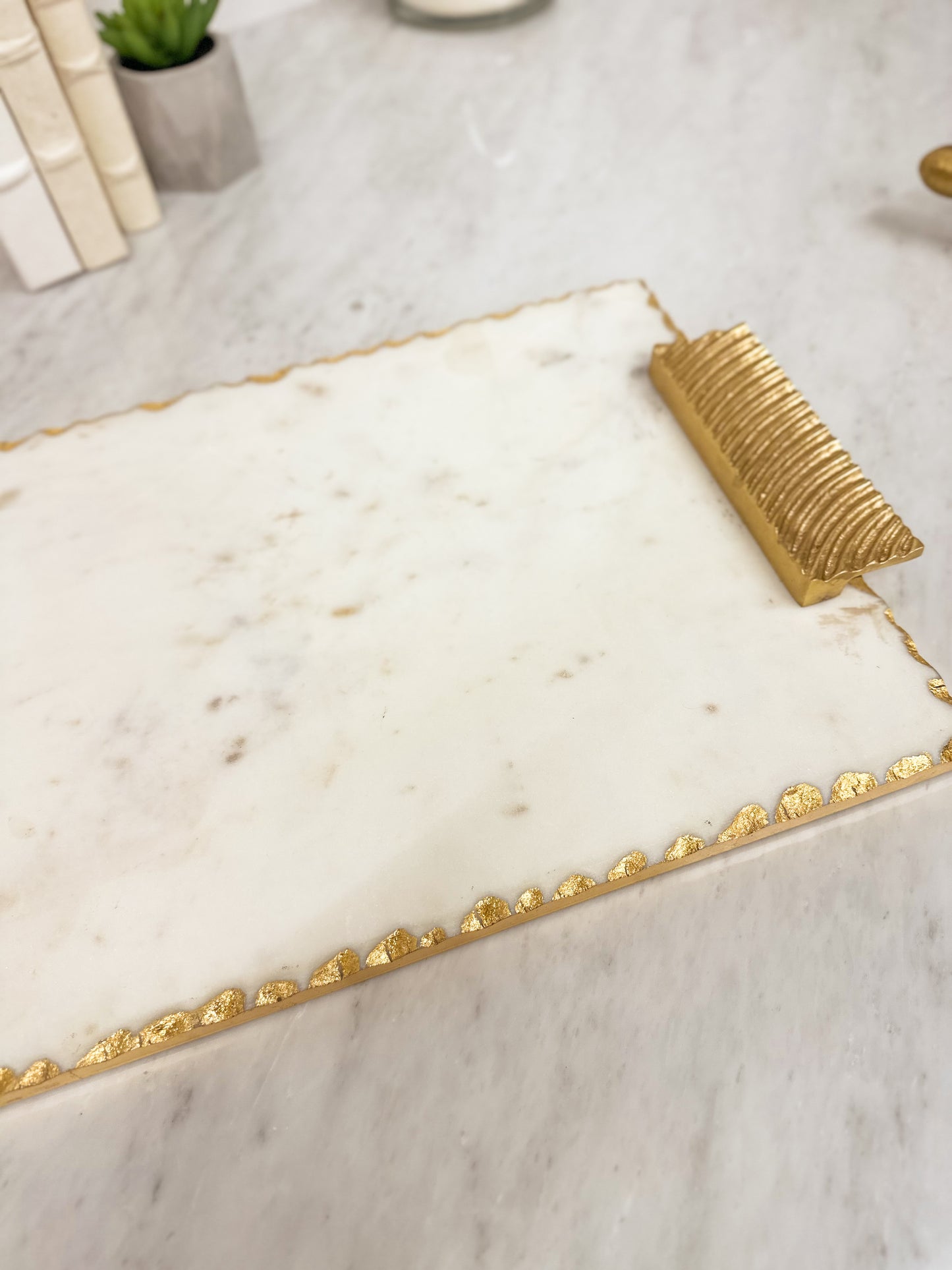 White Marble Tray Gold Handles 16"x11"