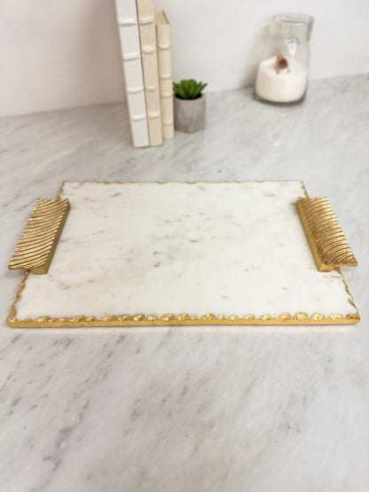 White Marble Tray Gold Handles 16"x11"