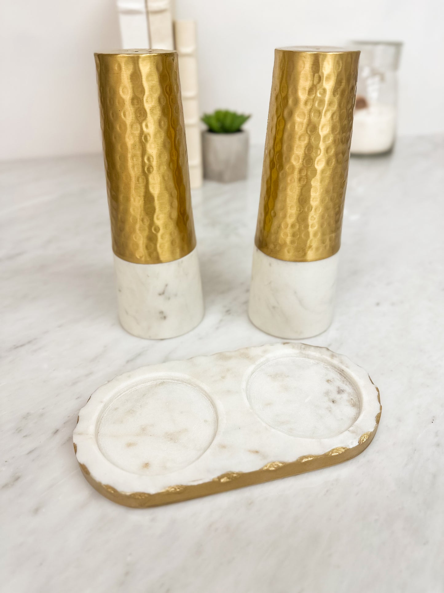 Marble & Gold Salt & Pepper Set on Tray 8"