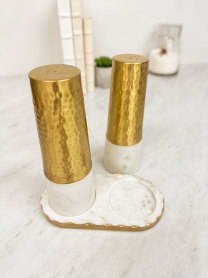 Marble & Gold Salt & Pepper Set on Tray 8"