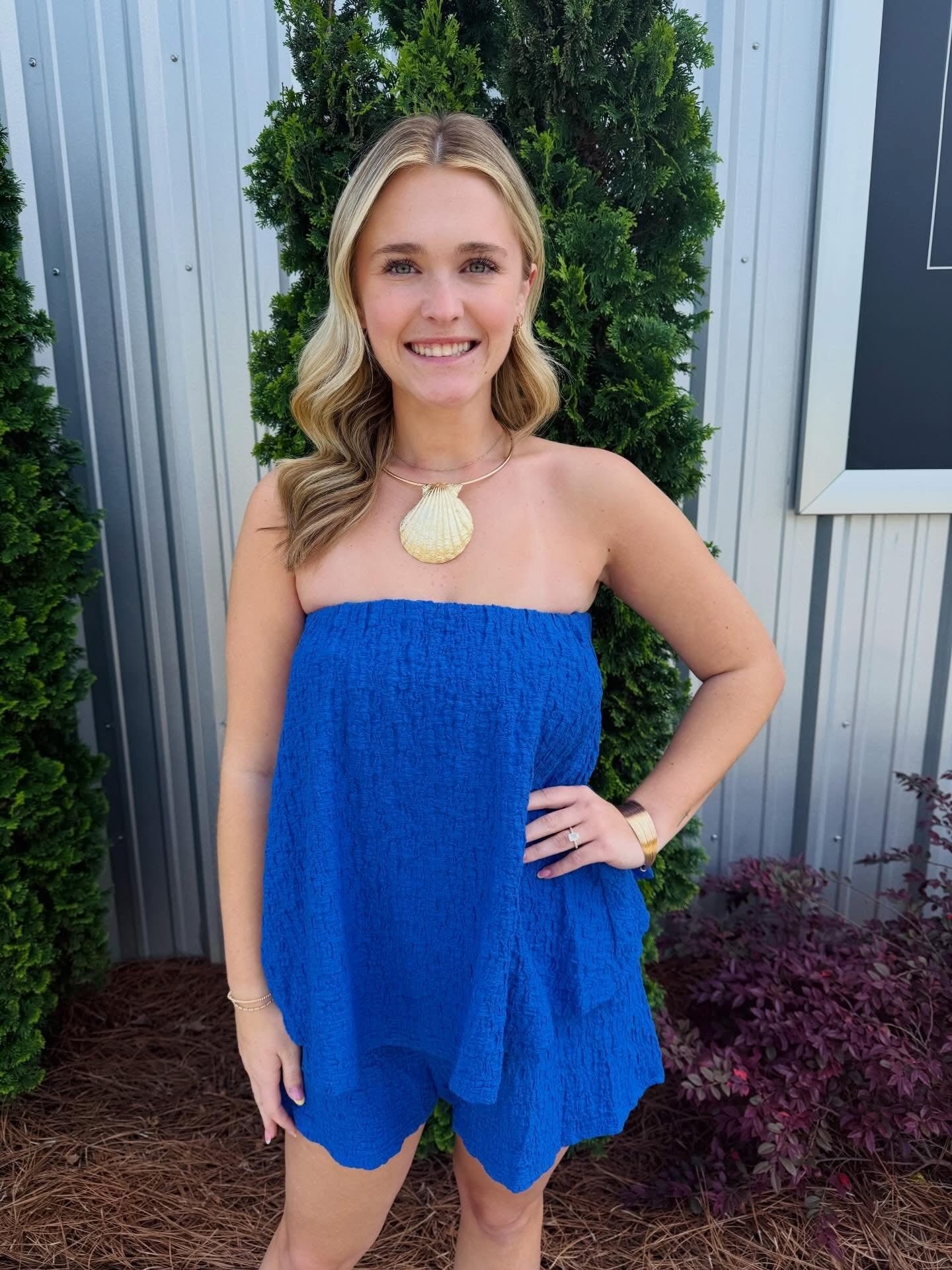 Blue Strapless Flowy Romper