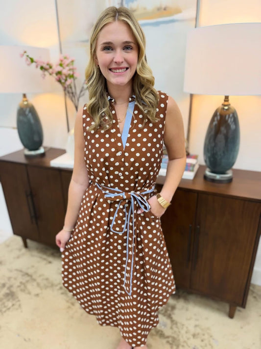 Brown Polka Dot Sleeveless Midi Dress