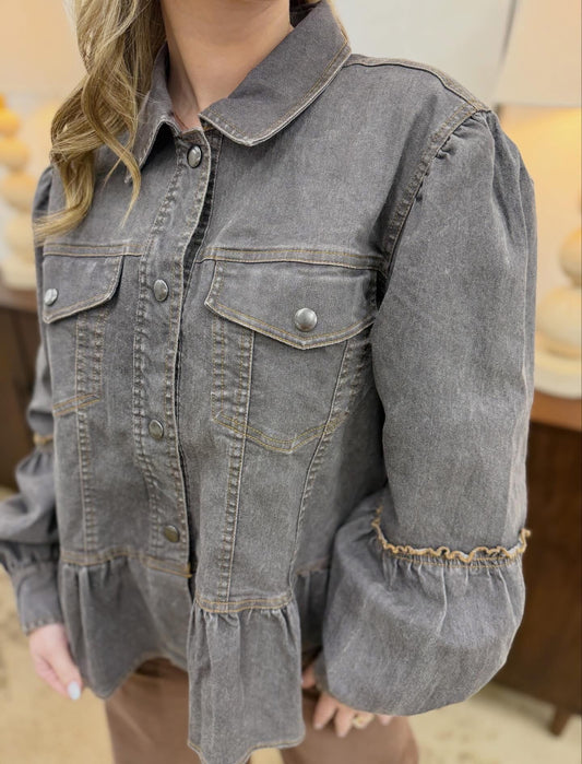 Ruffled Waist Denim Jacket