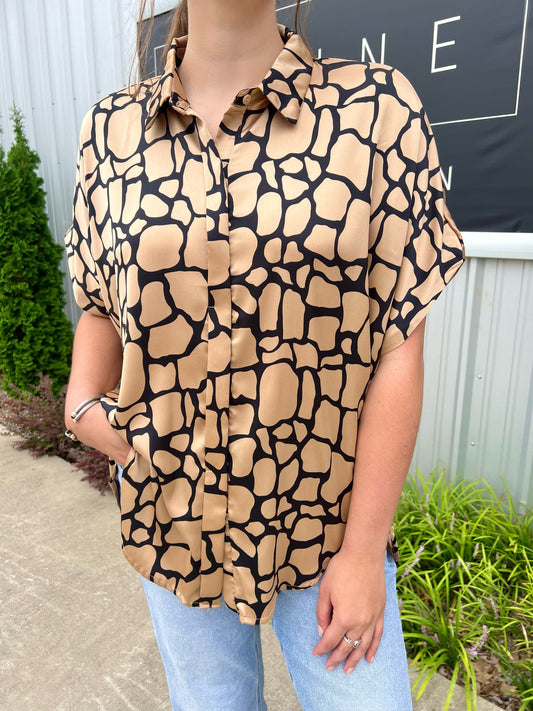 Taupe & Black Short Sleeve Button Down Top