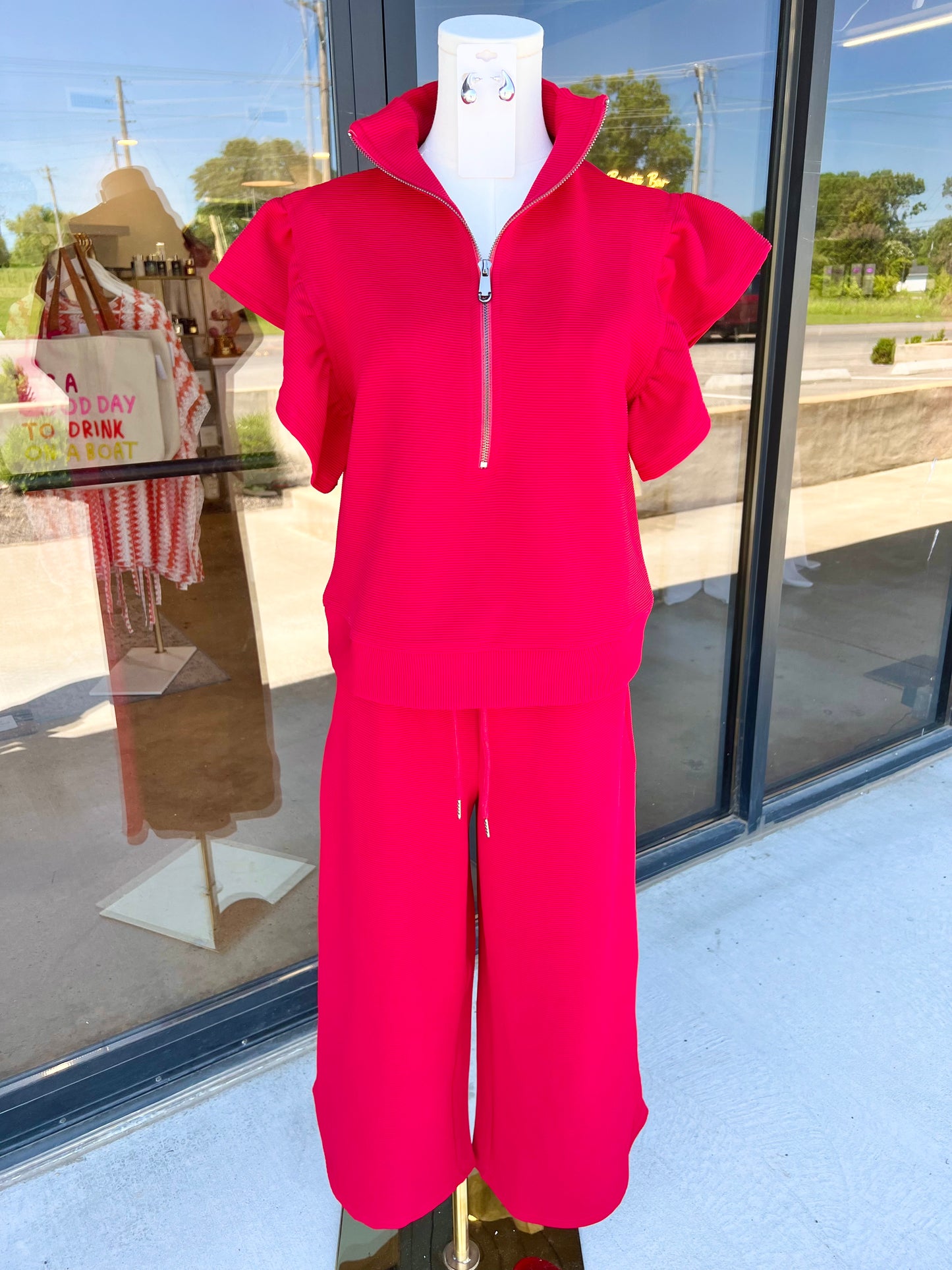 Red Ribbed Pant Set