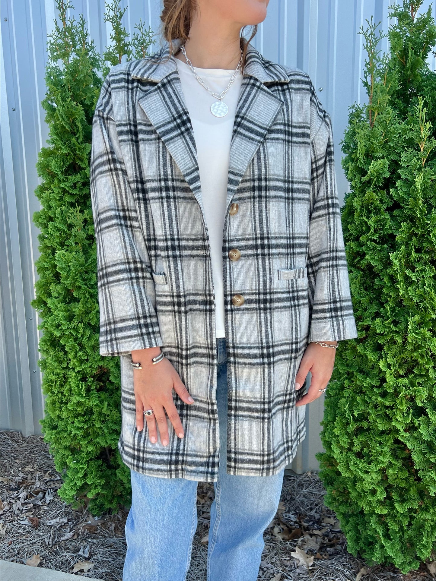 Black Plaid Button Down Coat