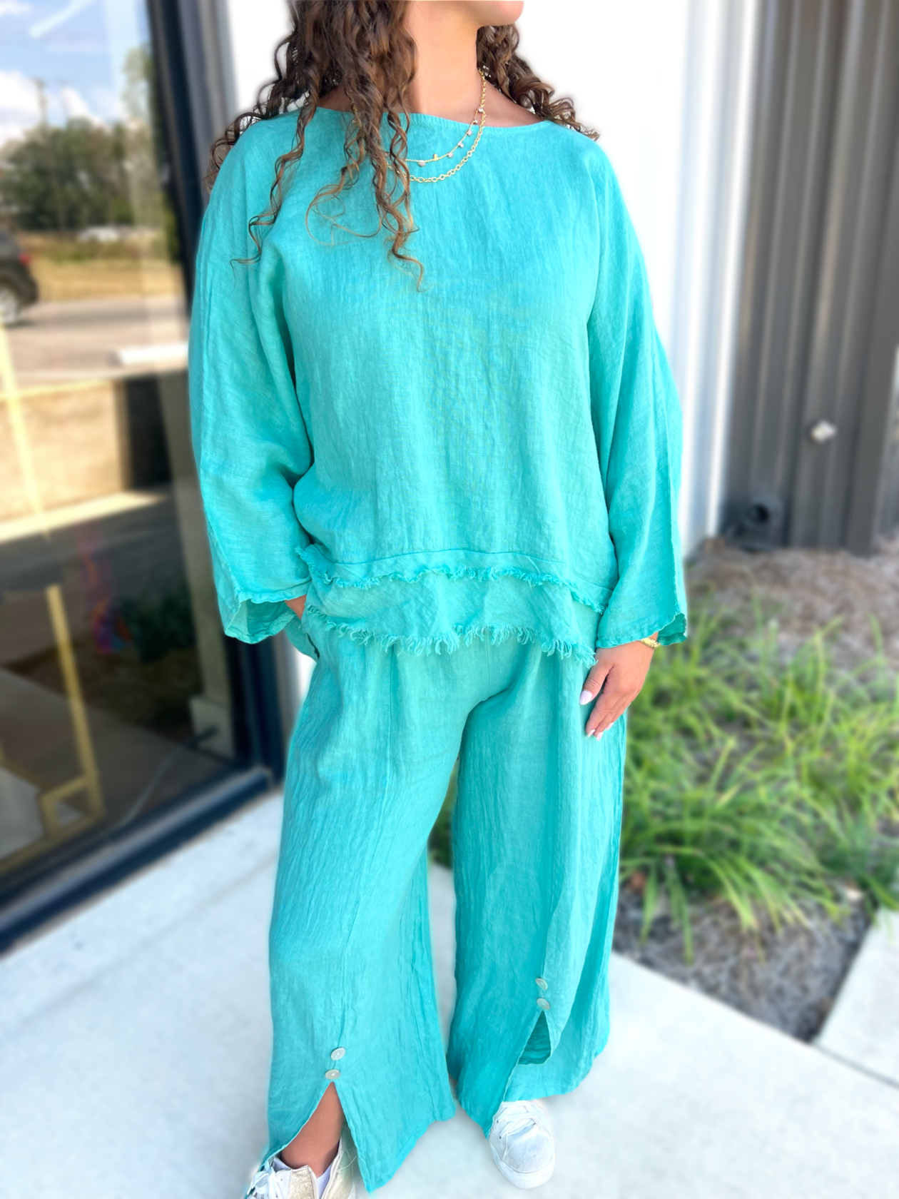 Teal Linen Pants Set