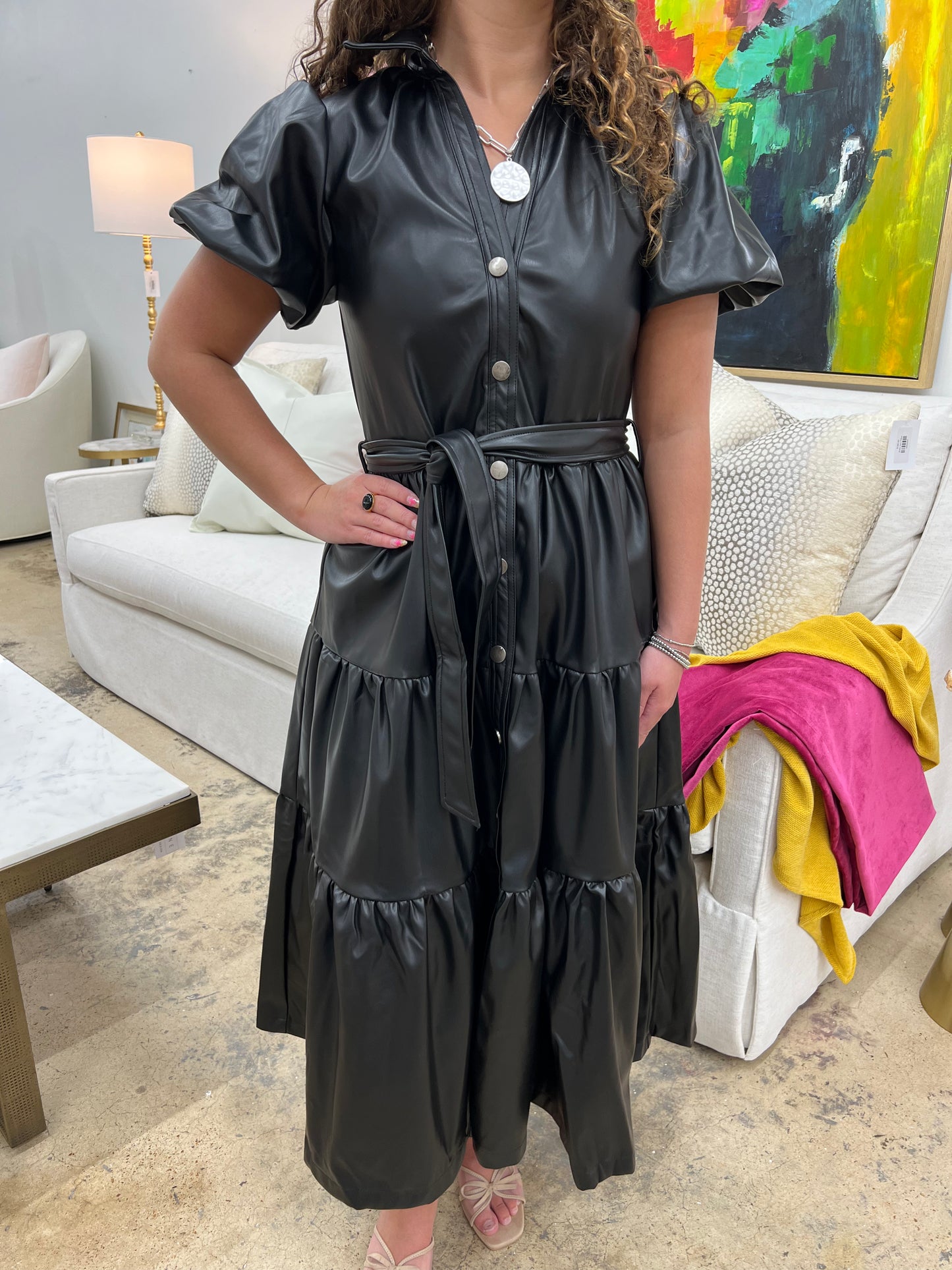 Black Tiered Faux Leather Midi Dress